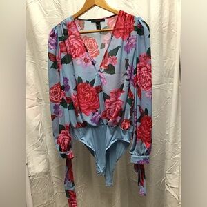 Floral Print Bodysuit - Blue and Pink